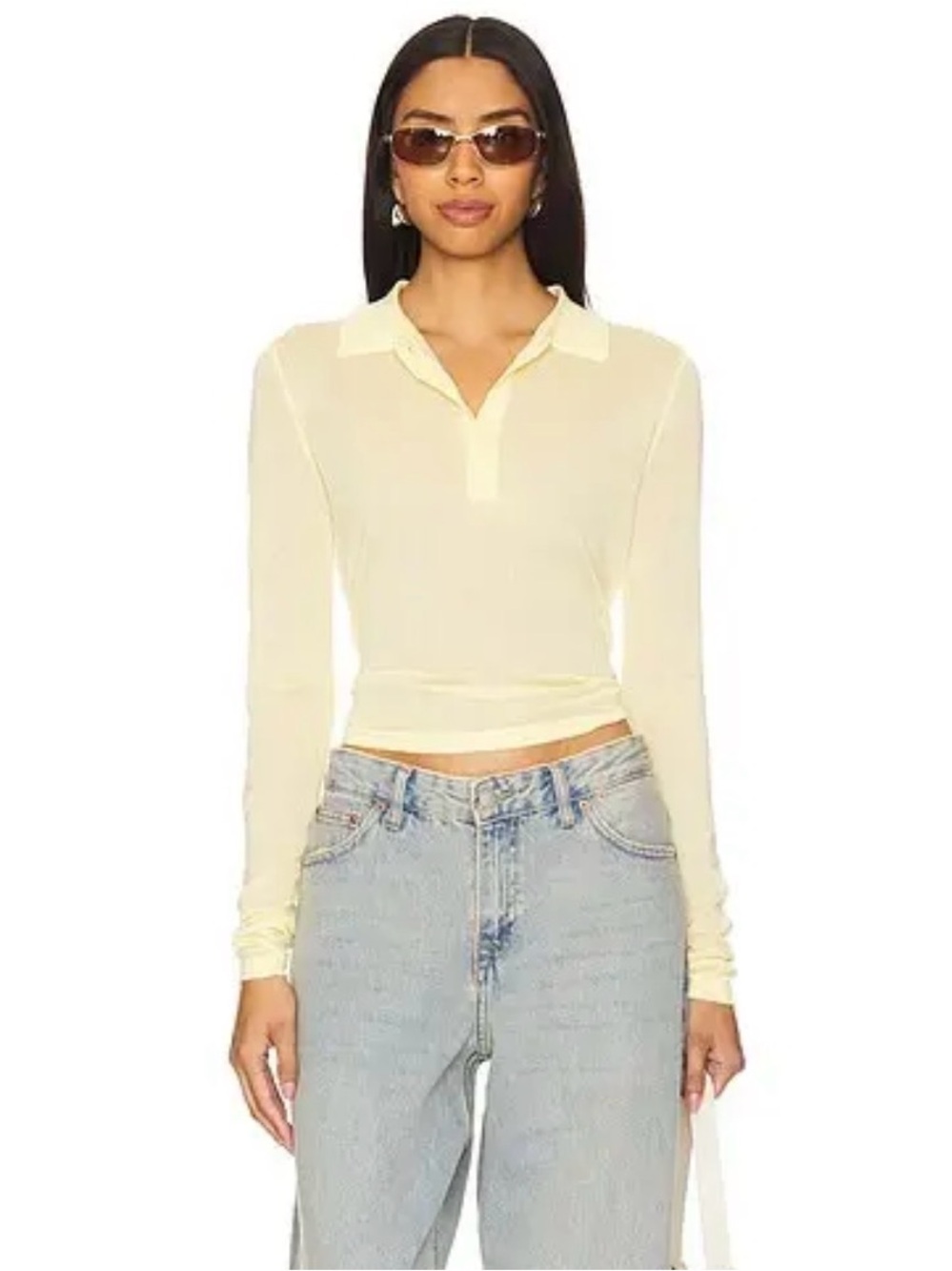 Lioness Soft Pale Yellow Long-Sleeve Polo Knit Size S